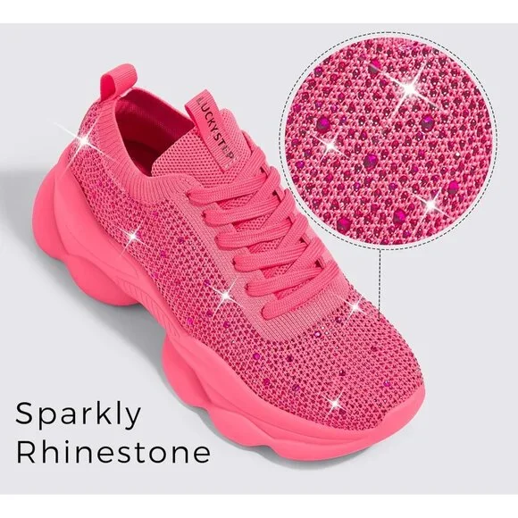 Lucky Step Women's Pink Rhinestone Sneaker Chunky Sparkly Bling Mesh Slip on - Picture 3 of 9